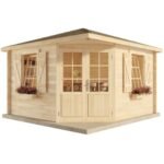 Alpholz – Abri de jardin pentagonal en bois 28 mm – Dimensions 350 x 350 cm – Hauteur 275 cm – Double porte 134 x 190 cm – Volets et bacs à fleurs inclus