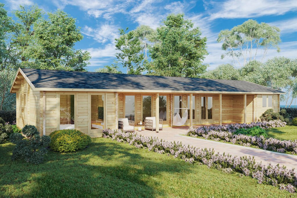 Chalet en bois habitable 100m2 extérieur Holiday L / 96M2 / 92M Maison en bois en kit « Holiday L » | 18 x 7 m – Image 1