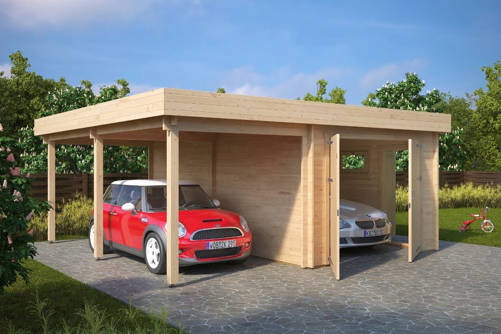 Carport 2 voitures avec atelier Hansa Garage H + GV2 Carport garage toit plat « Hansa H » | 6 x 6 m – Image 1