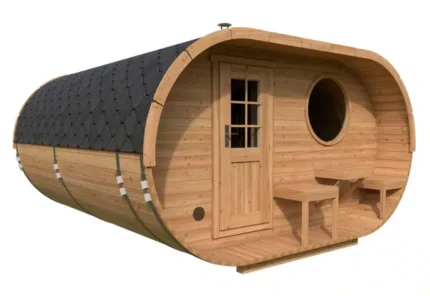 Grand sauna ovale avec terrasse | 4 x 4 m